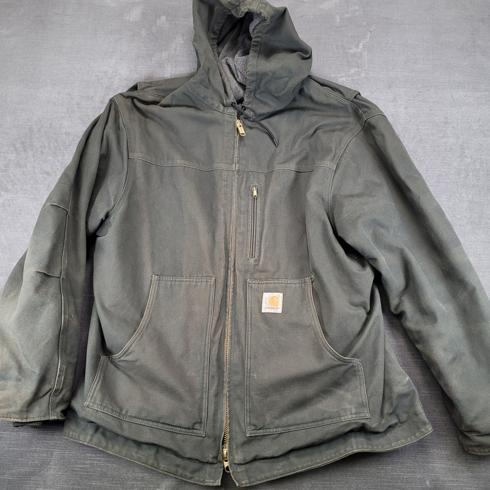 Carhartt Vintage J130 Moss Green Duck Canvas Jacket Fleece Distressed Mens XL